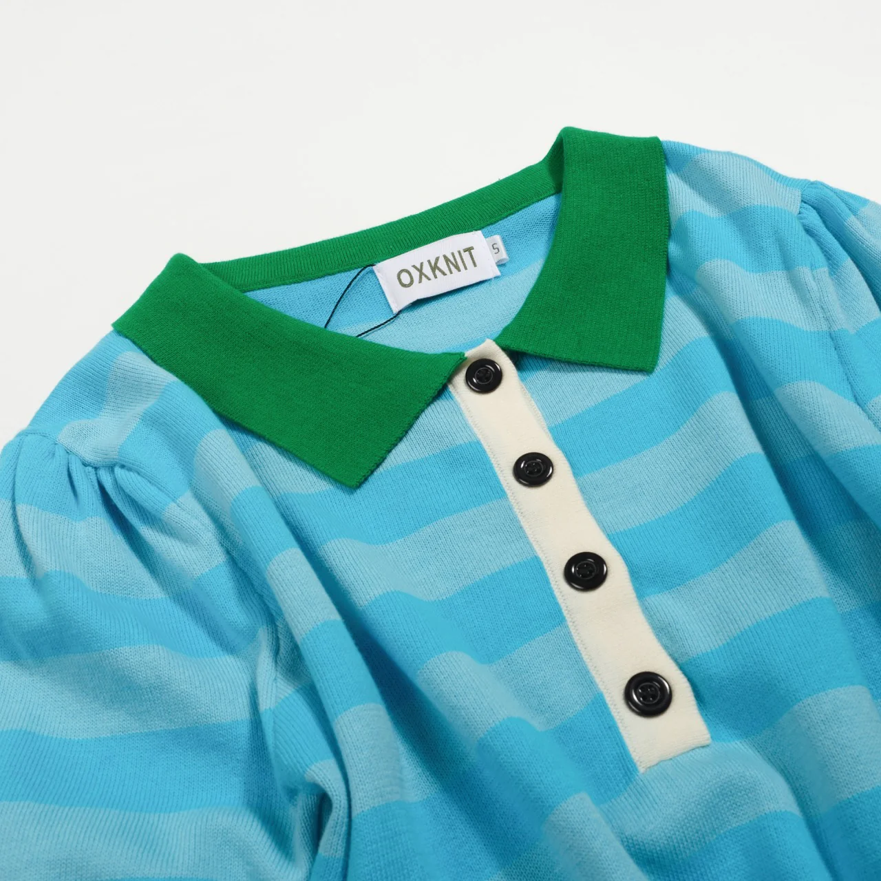 Women's blue striped Collage knitted bubble sleeve polo - Image 8