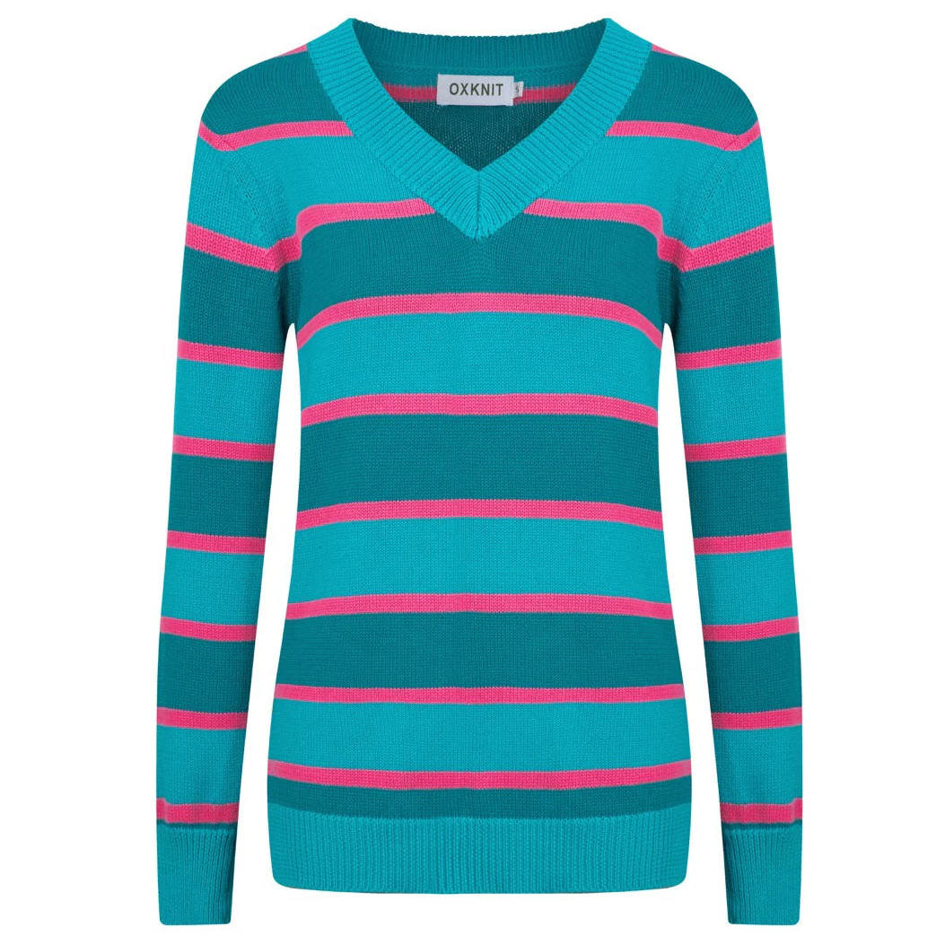 Women's blue striped jacquard V-neck knitwear