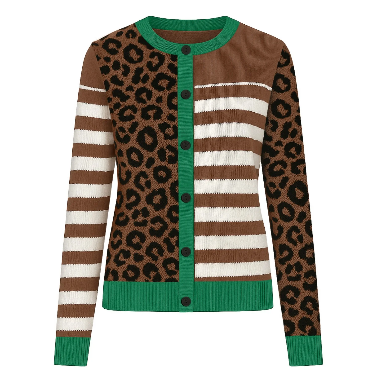 Women's Brown Art Leopard Print Striped Jacquard Knit Cardigan