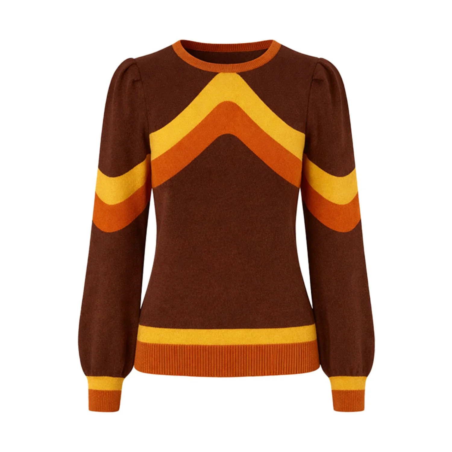 Women's brown art vintage jacquard bubble sleeve knitwear