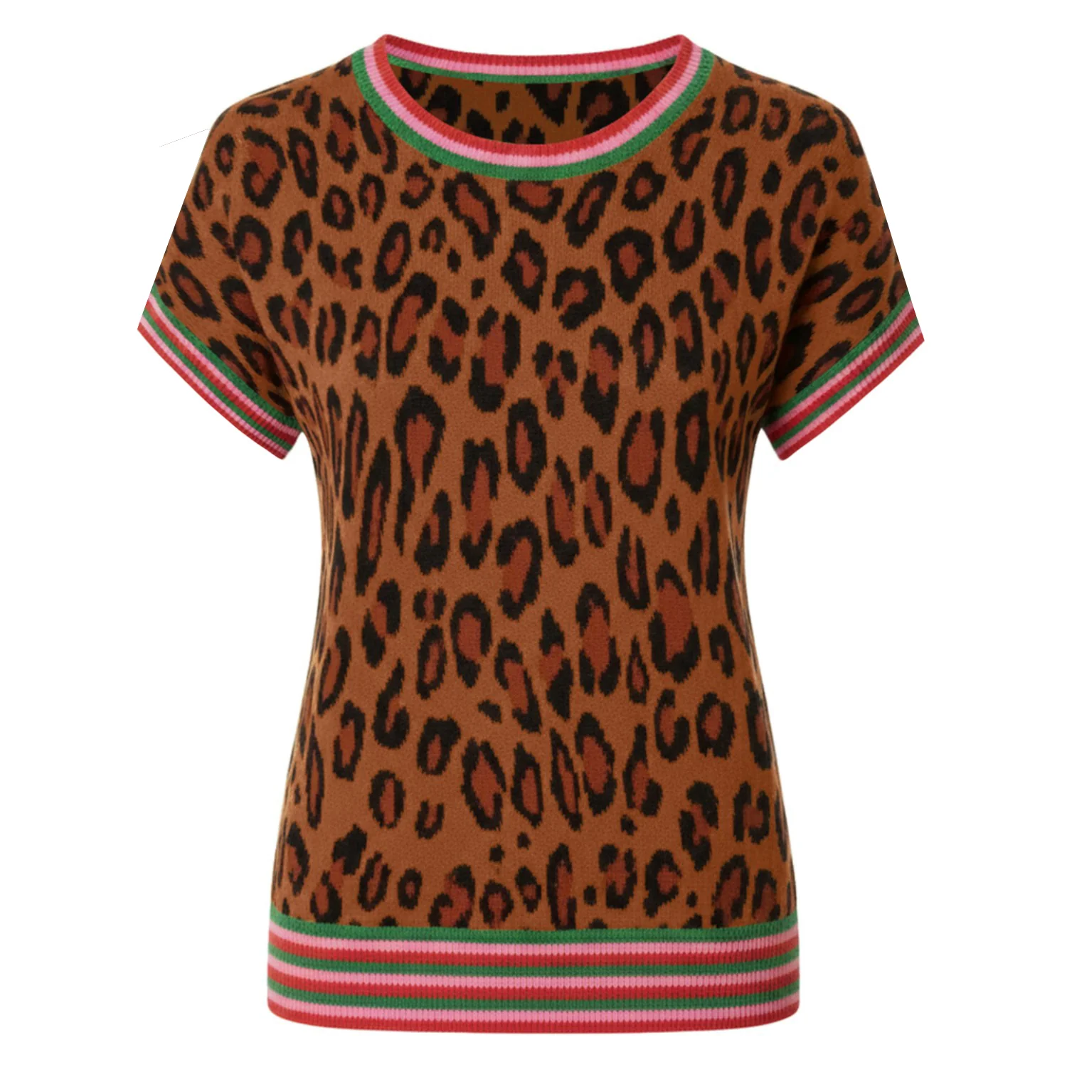 Women's brown leopard print bat sleeve knit T-shirt