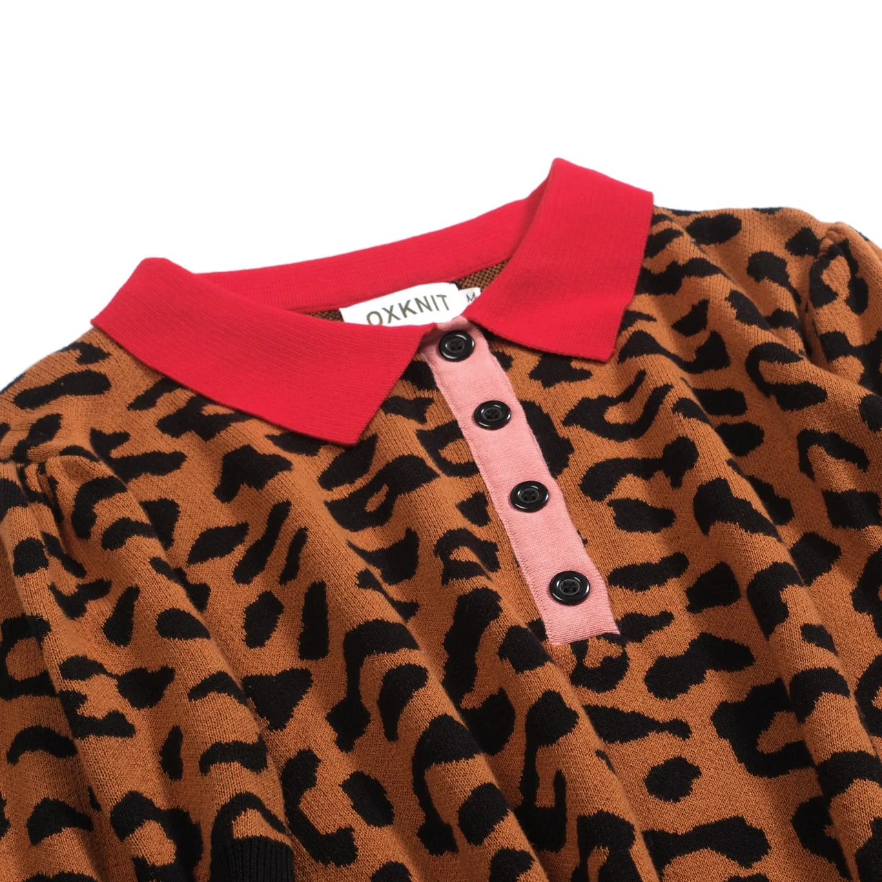 Women's brown leopard print puff sleeve polo - Image 2