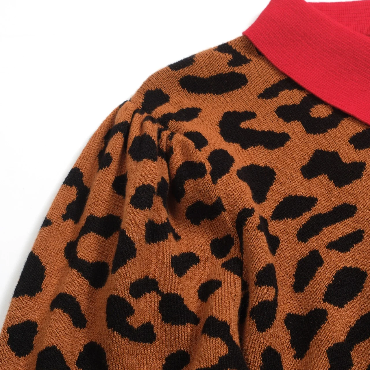 Women's brown leopard print puff sleeve polo - Image 5