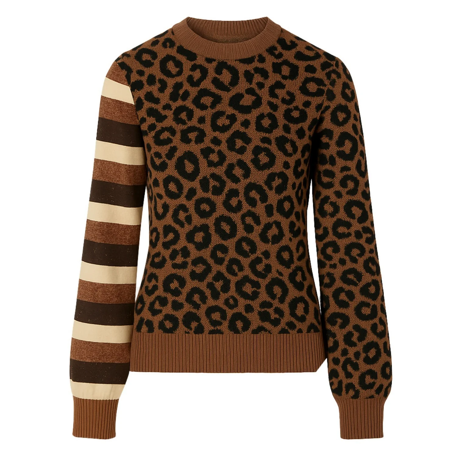 Women's brown leopard print striped classic retro knitwear - Cropped Length