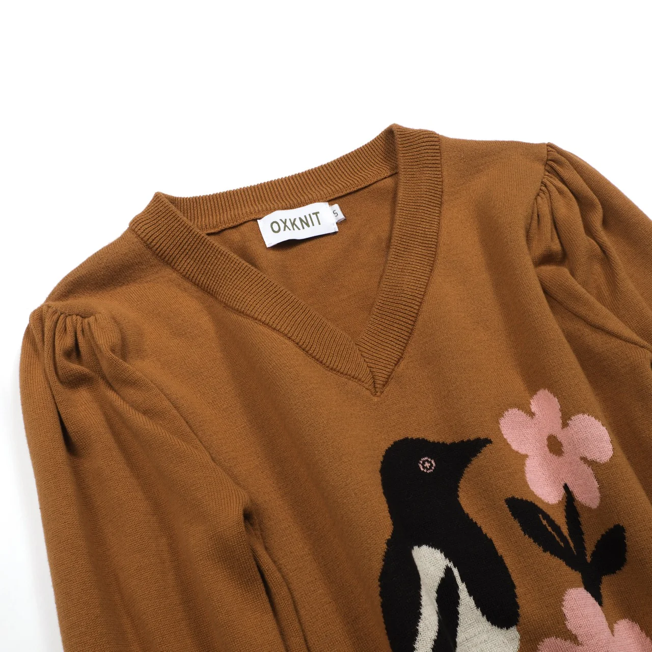 Women's brown magpie V-neck puffed sleeve knitwear - Image 10