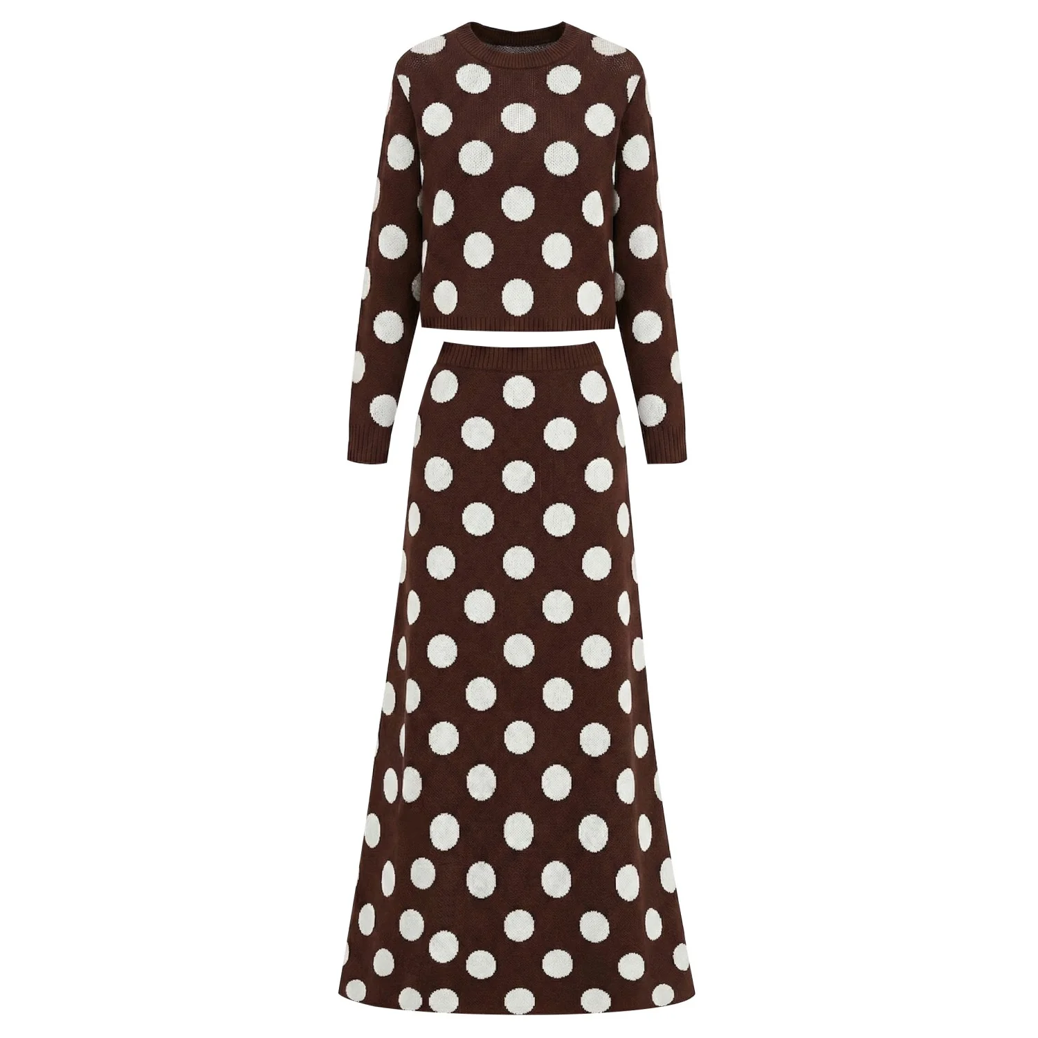 Women's brown polka dots retro classic knitted skirt suit