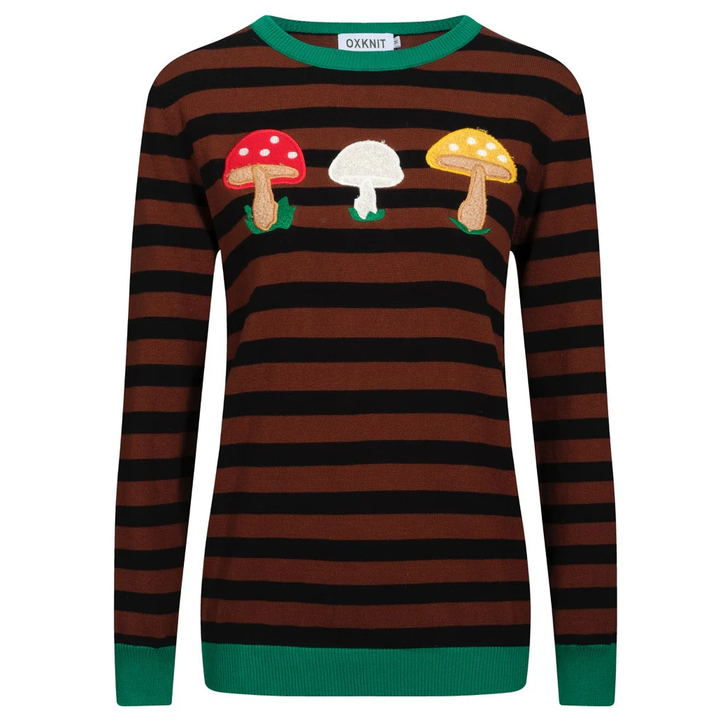 Women's brown striped mushroom embroidery knitwear