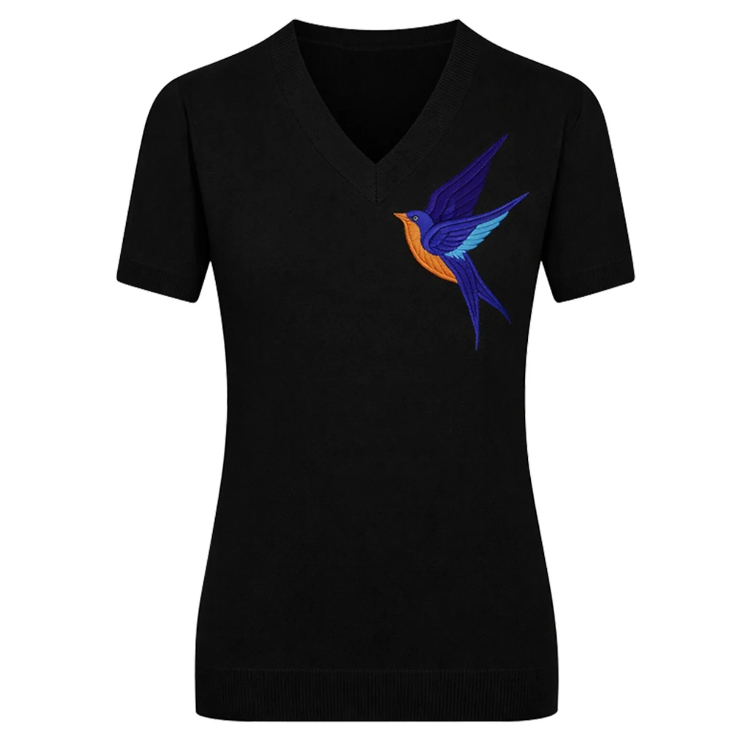 Women's classic black bird embroidered knit T-shirt