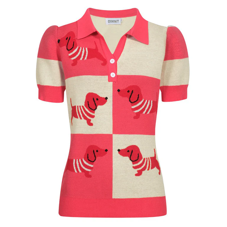 Women's Dachshund jacquard knitted V-neck polo