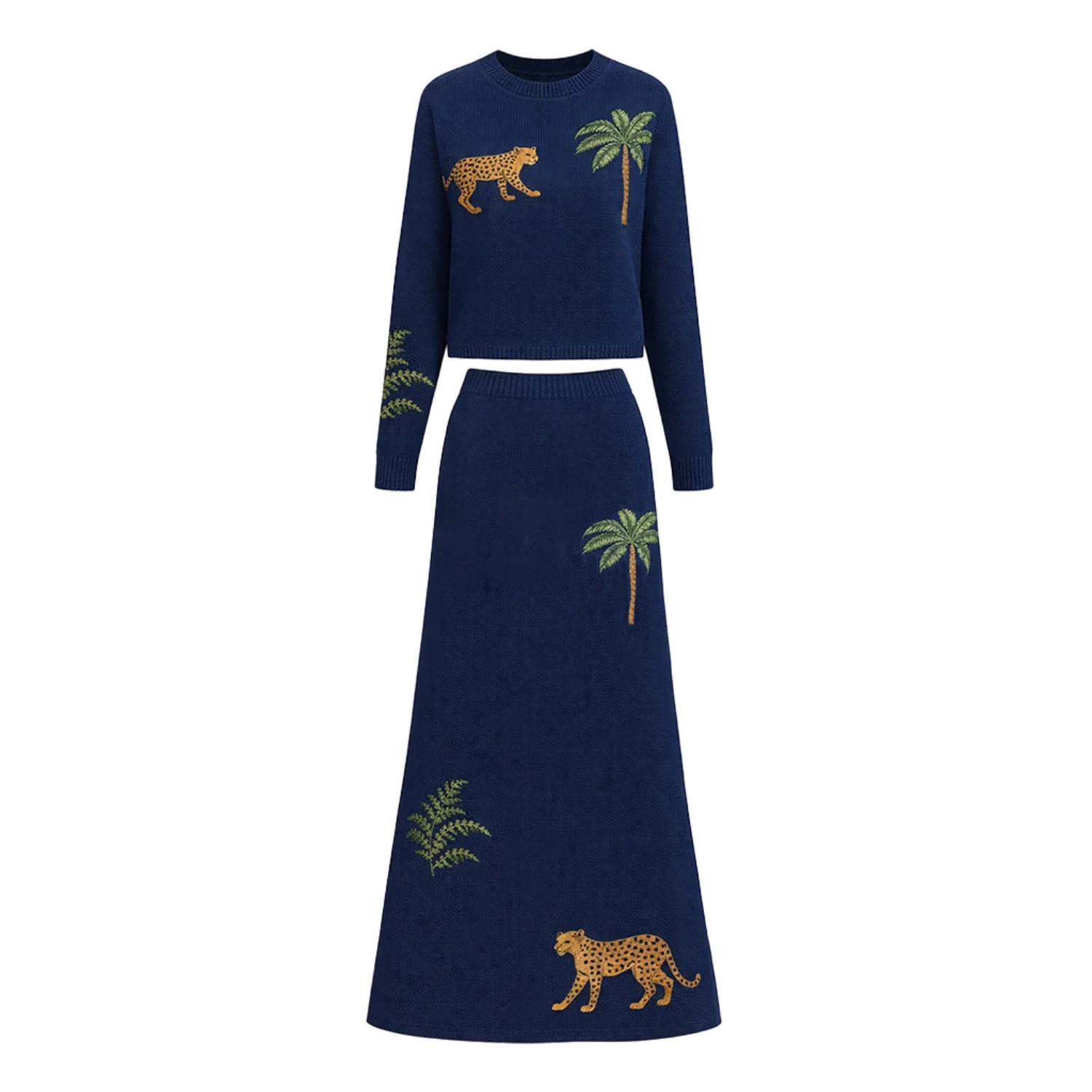 Women's dark blue animal embroidery knit skirt suit