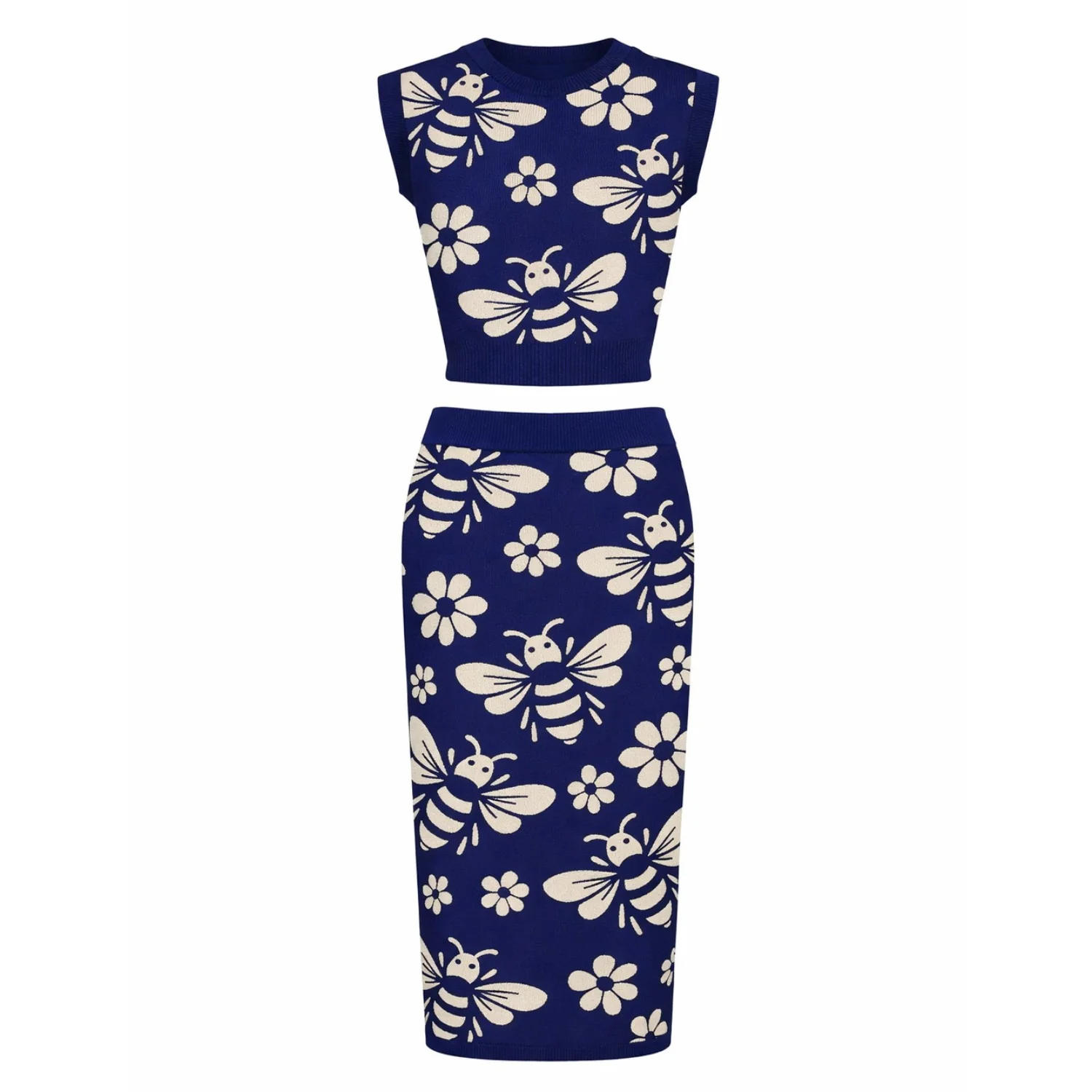 Women's dark blue bee Jacquard vintage vest skirt suit