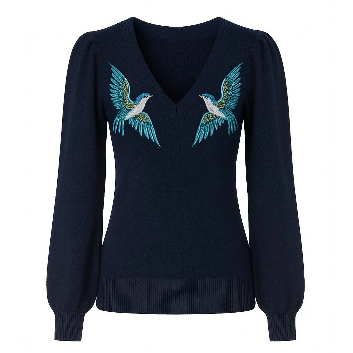 Women's dark blue embroidered bubble sleeve knitwear