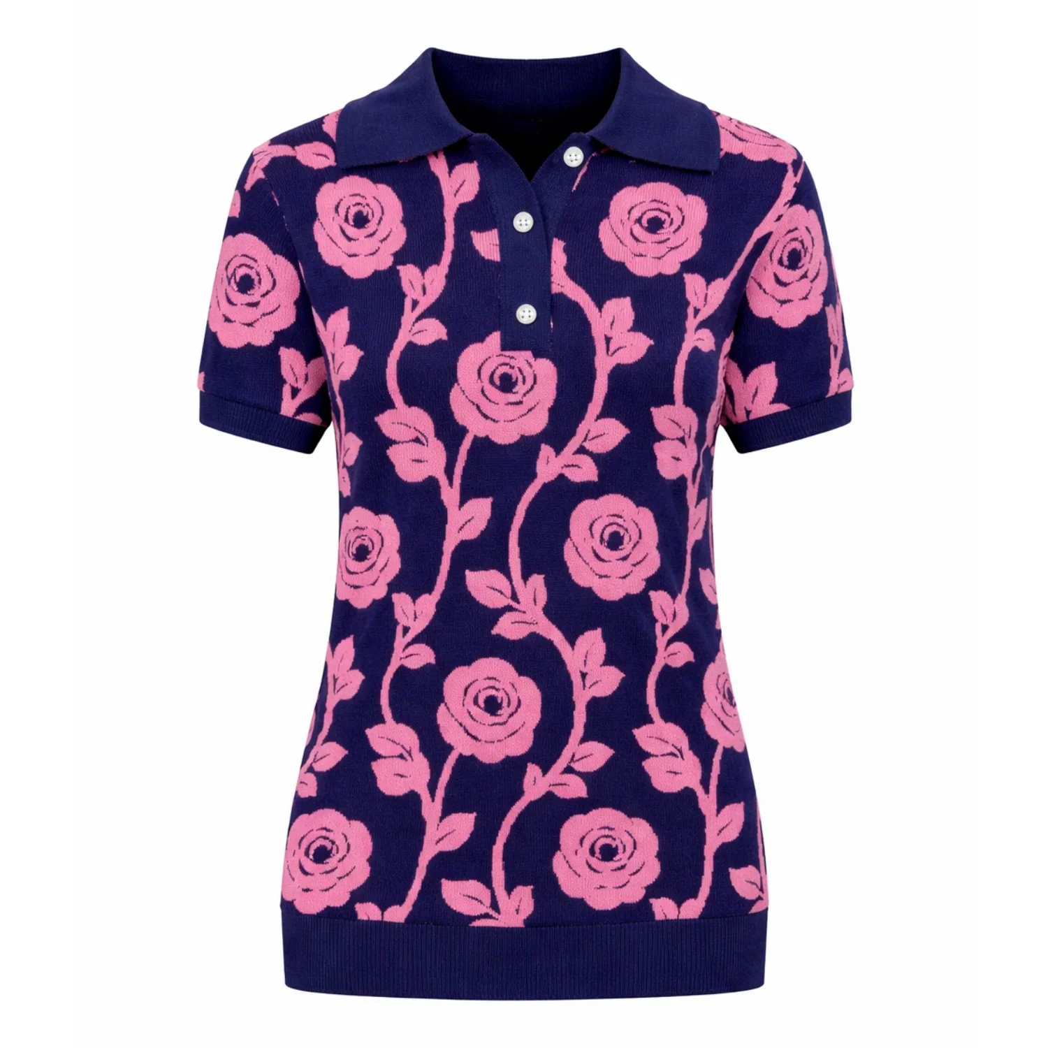 Women's dark blue floral jacquard knitted short-sleeved polo shirt