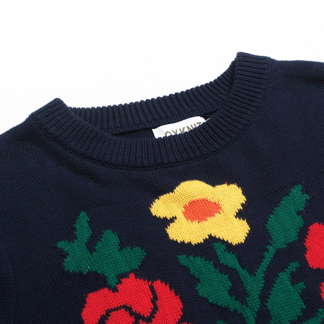 Women's dark blue jacquard floral puffed sleeve knitwear - Image 4