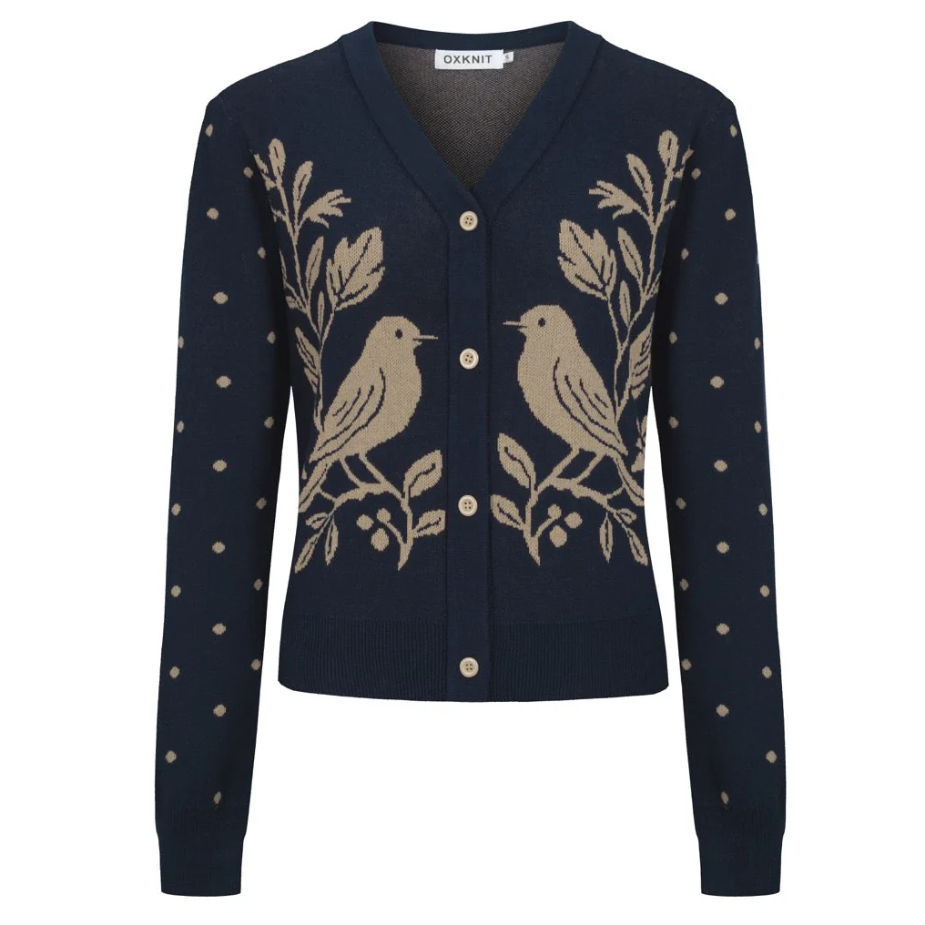 Women's dark blue magpie plant jacquard cardigan - Cropped Length