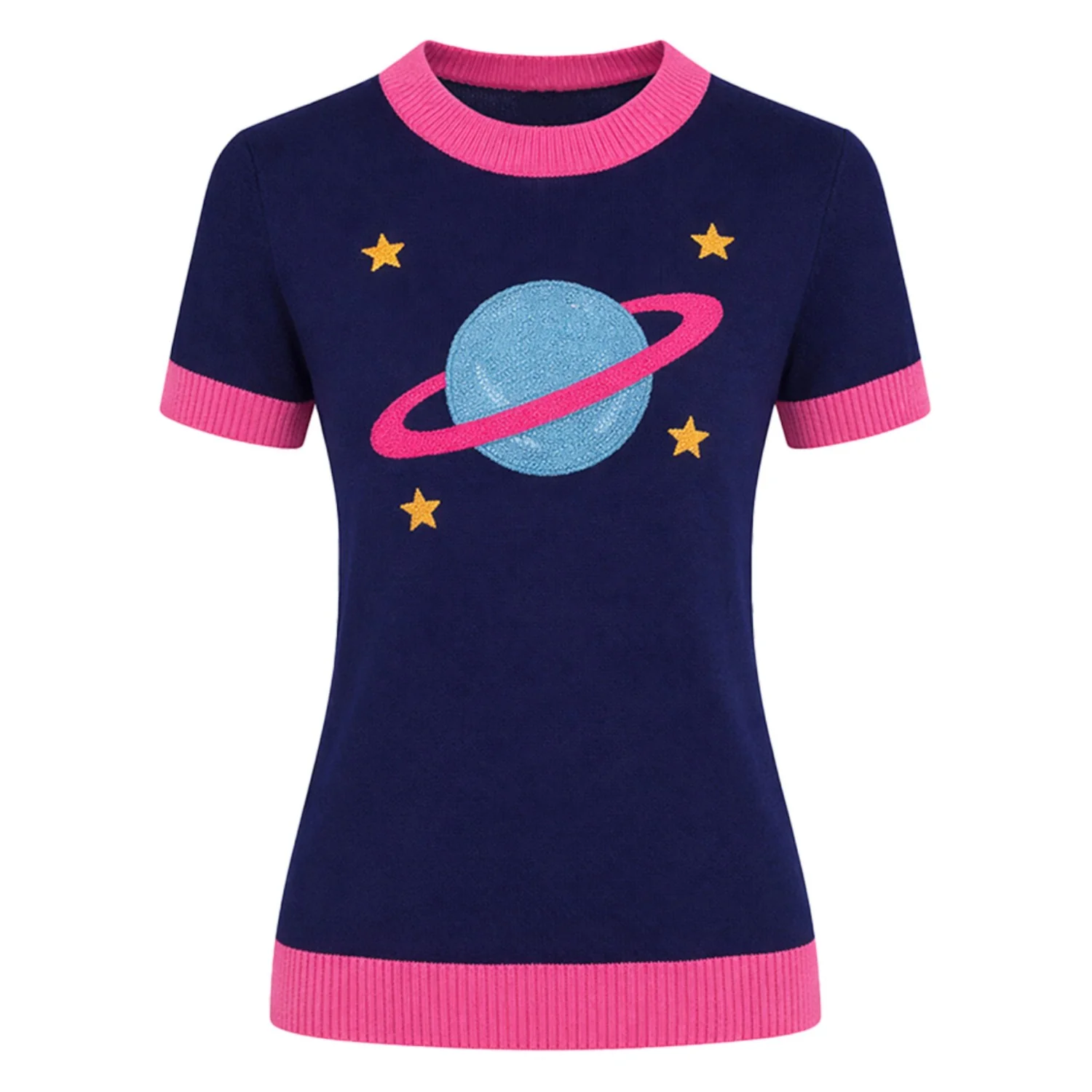 Women's dark blue Planet jacquard vintage knit T-shirt