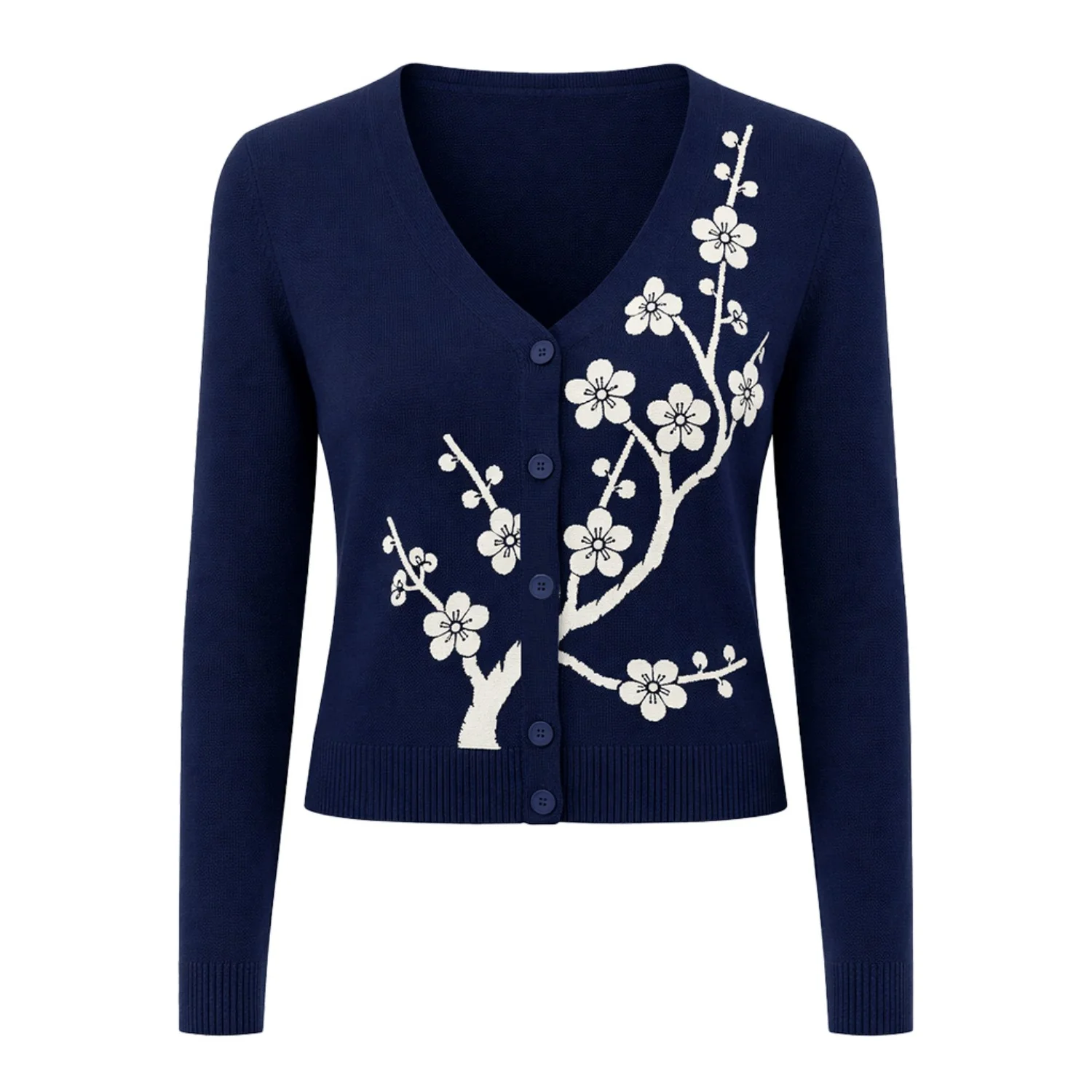 Women's Dark Blue Plum Blossom Tree Knit Cardigan - Cropped Length