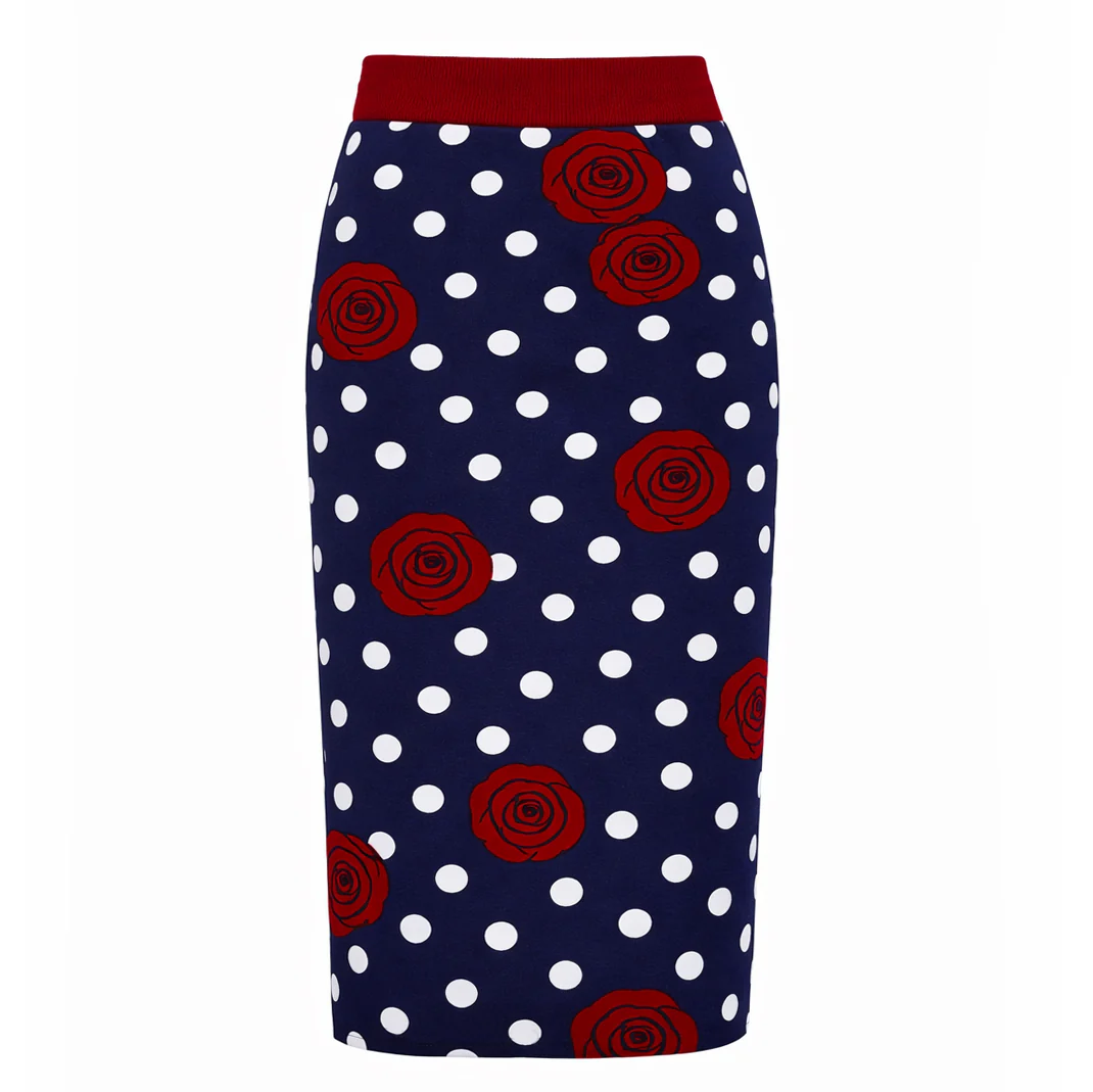 Women's dark blue polka dot rose Jacquard knit skirt