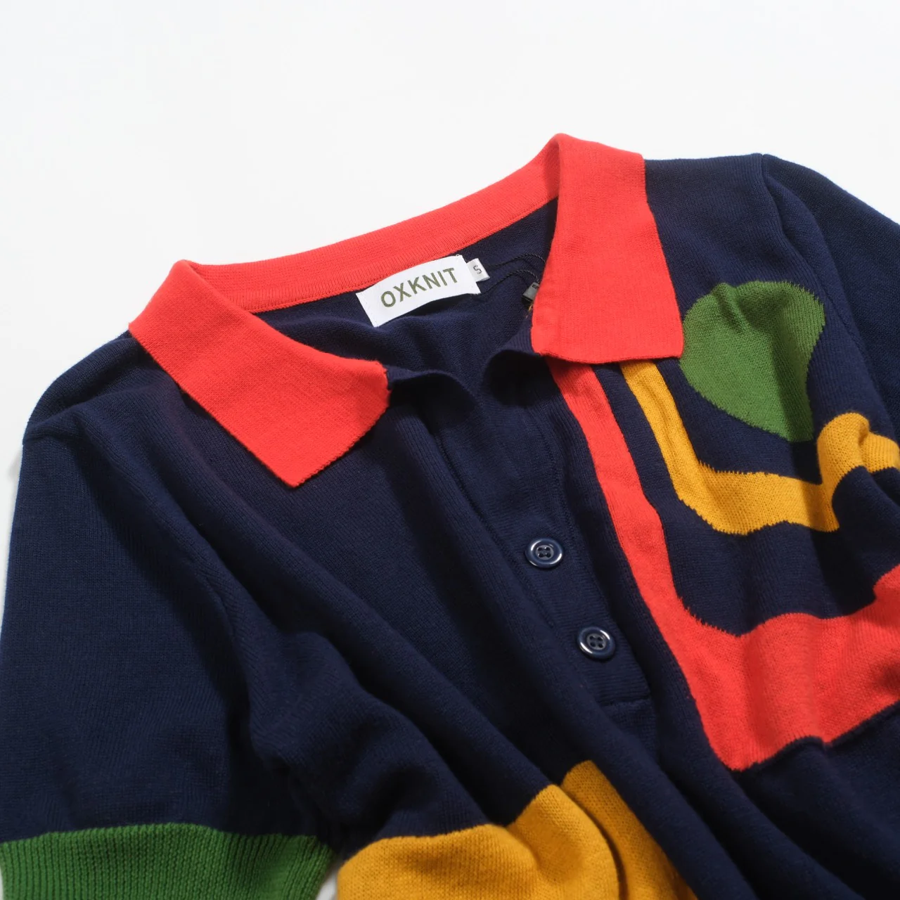 Women's dark blue retro art knitted V-neck polo - Image 9
