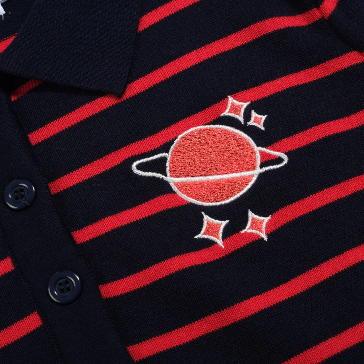 Women's dark blue striped bubble sleeve knitted polo - Image 2