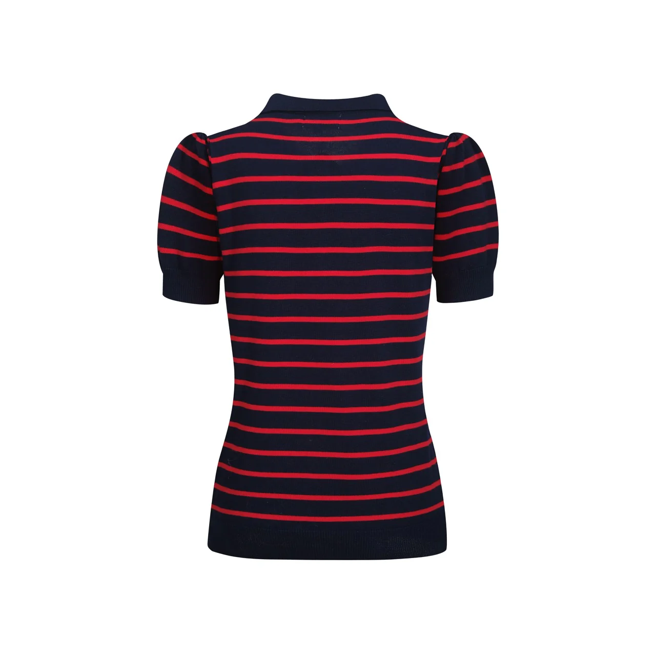 Women's dark blue striped bubble sleeve knitted polo - Image 3
