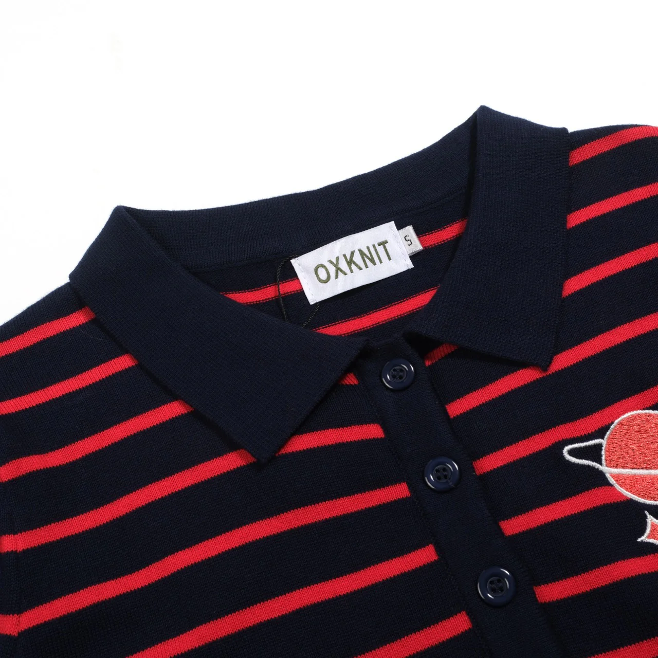 Women's dark blue striped bubble sleeve knitted polo - Image 4