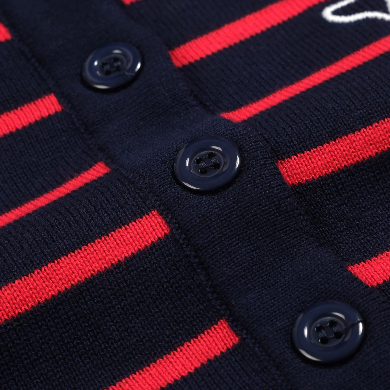 Women's dark blue striped bubble sleeve knitted polo - Image 5