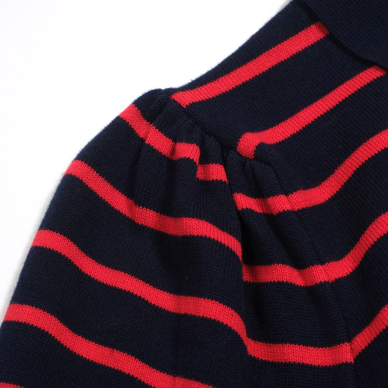 Women's dark blue striped bubble sleeve knitted polo - Image 7