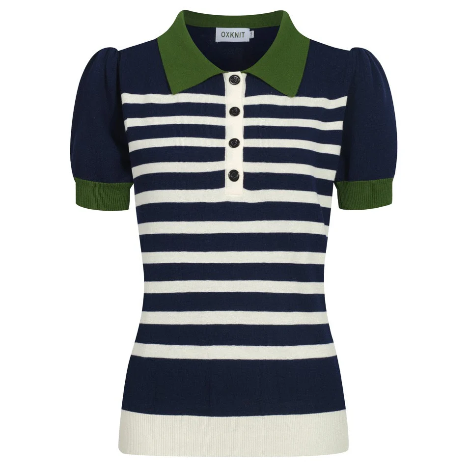 Women's dark blue striped knitted puff sleeve polo