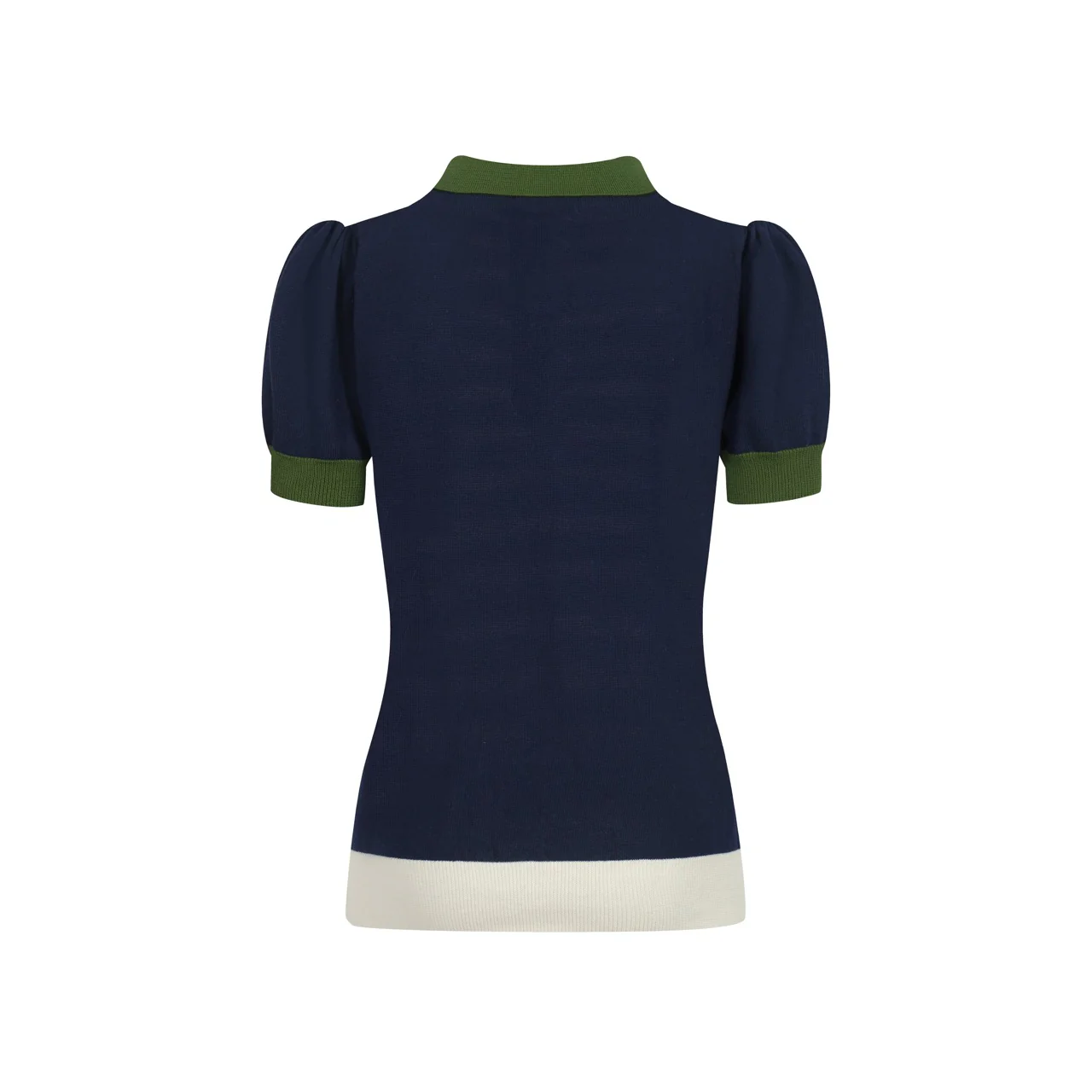 Women's dark blue striped knitted puff sleeve polo - Image 3