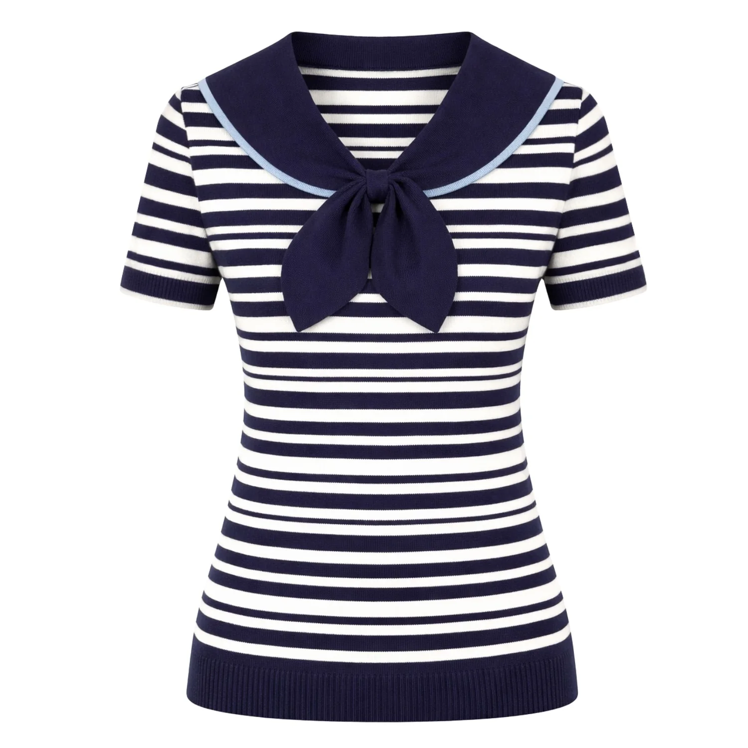 Women's dark blue striped vintage embroidery lace-up knit T-shirt