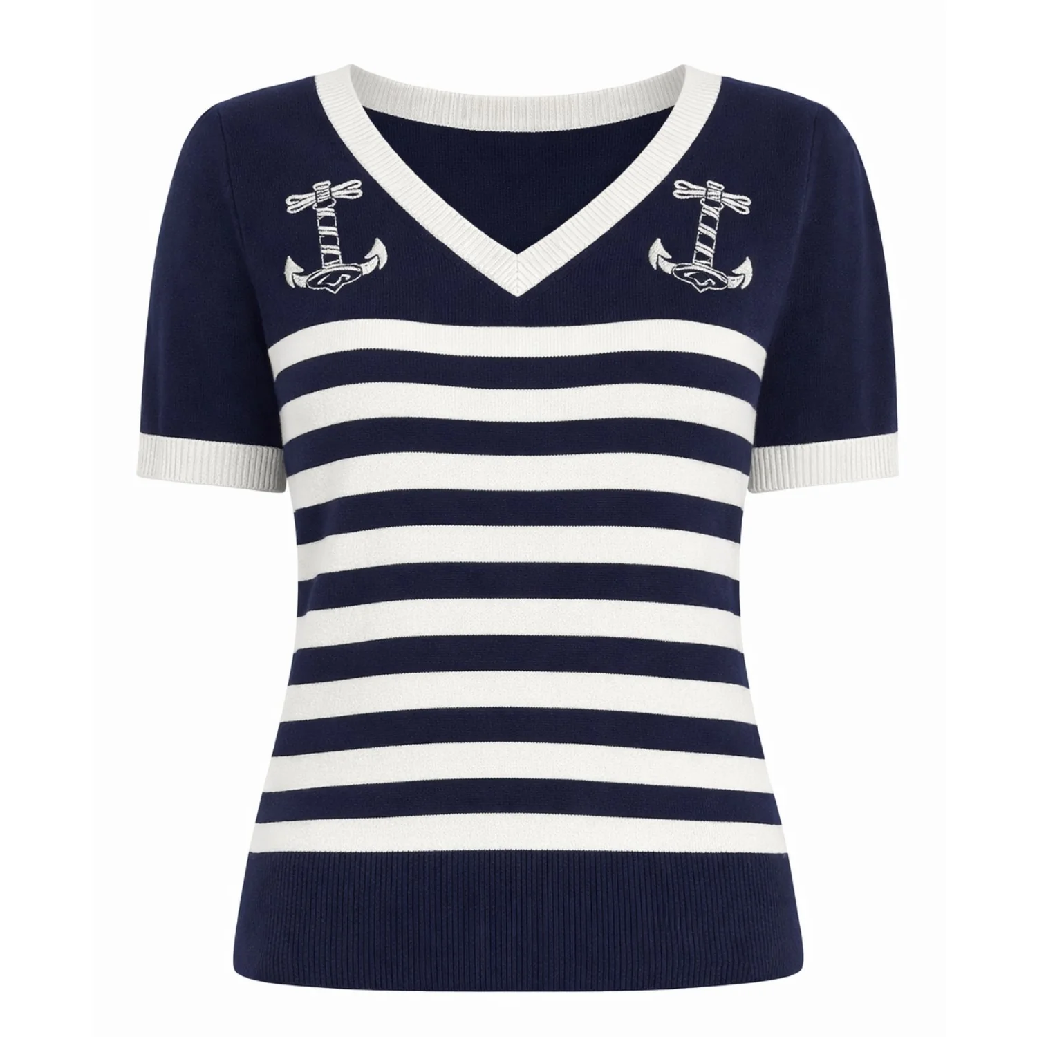 Women's dark blue vintage design knit V-neck T-shirt