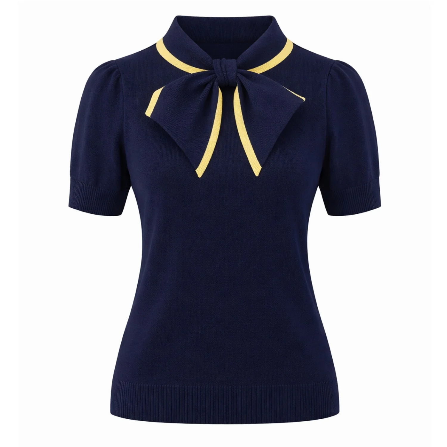 Women's dark blue vintage knit lace-up summer T-shirt