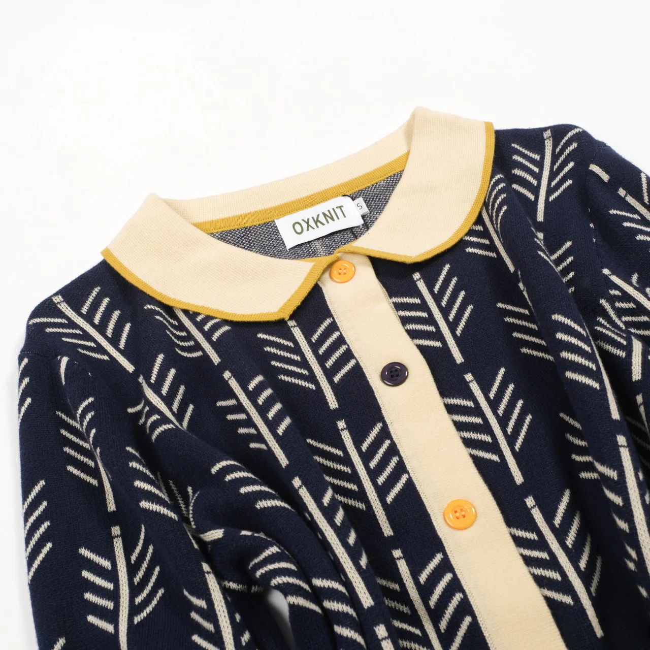 Women's dark blue vintage pattern jacquard lapel knit cardigan - Image 8
