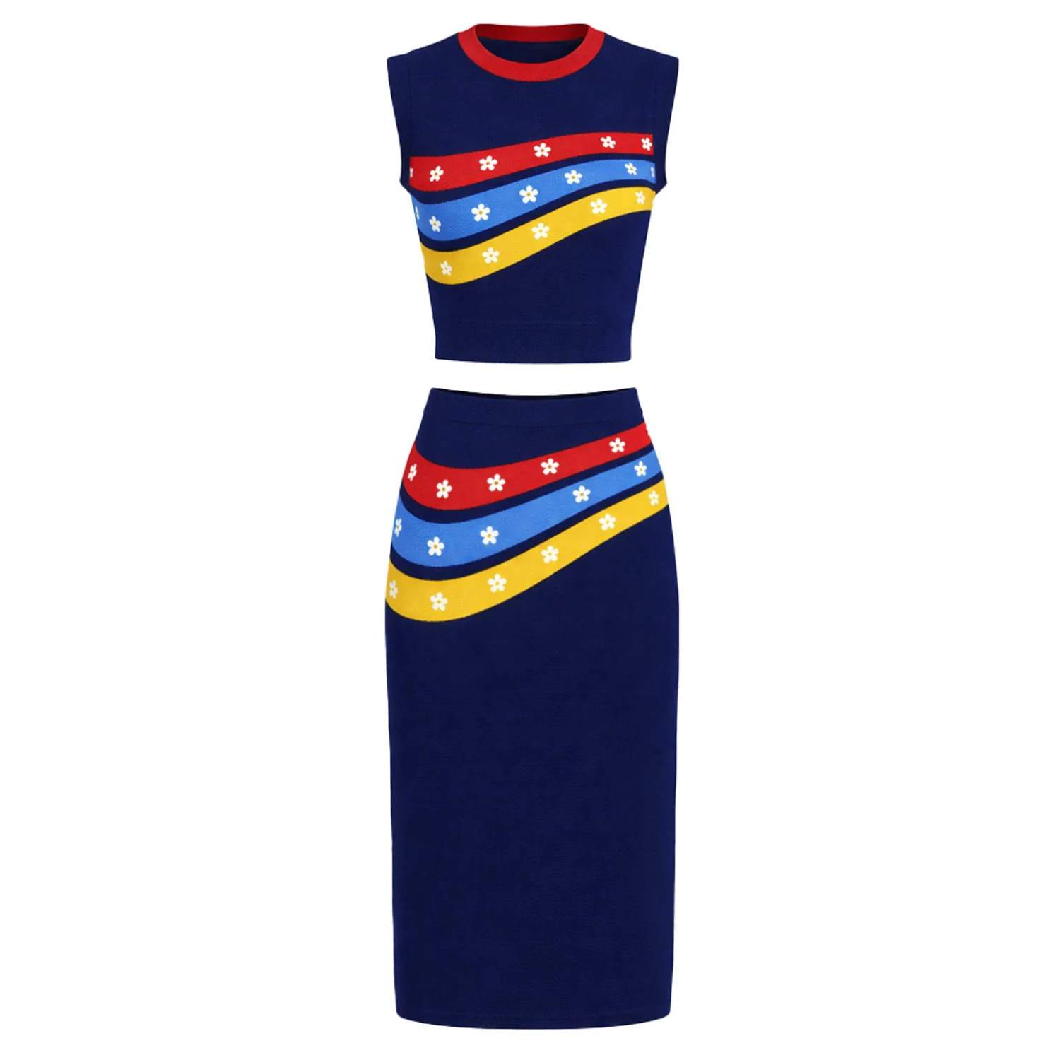 Women's dark blue vintage stripe Jacquard knit vest skirt suit