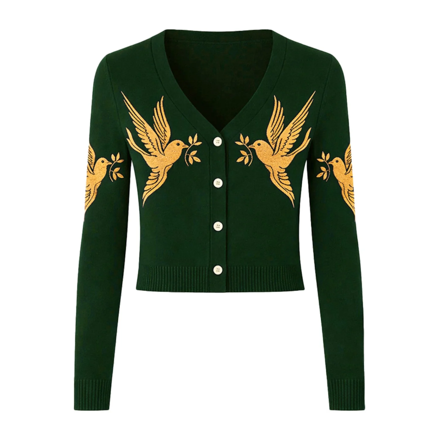 Women's Dark Green Bird Embroidery Vintage Knit Cardigan - Cropped Length