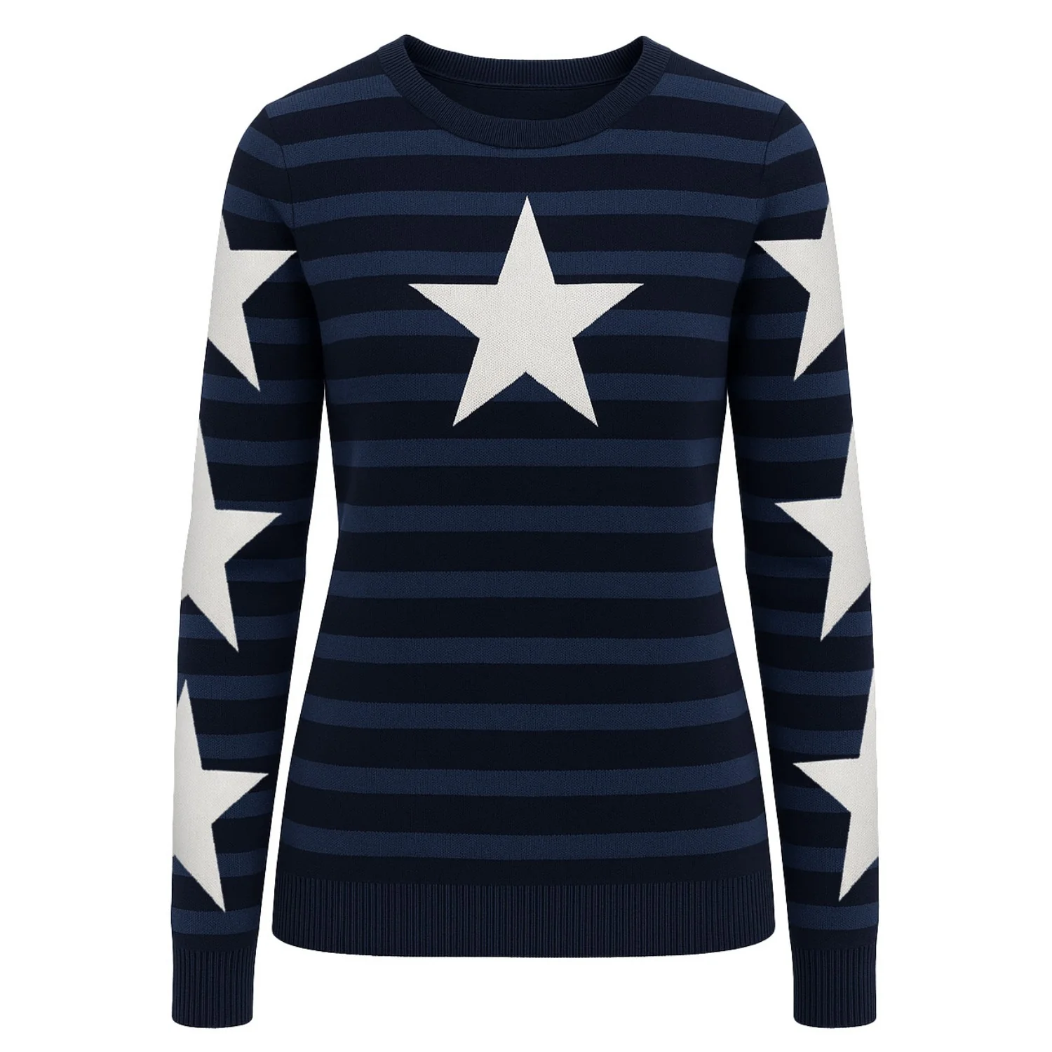 Women's Deep Blue Vintage Star Stripes Artistic Jacquard Knitwear