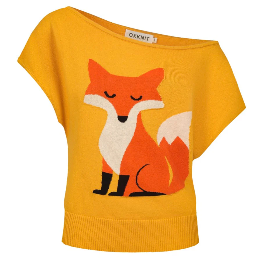 Women's fox jacquard knit diagonal shoulder knit T-shirt - short version size