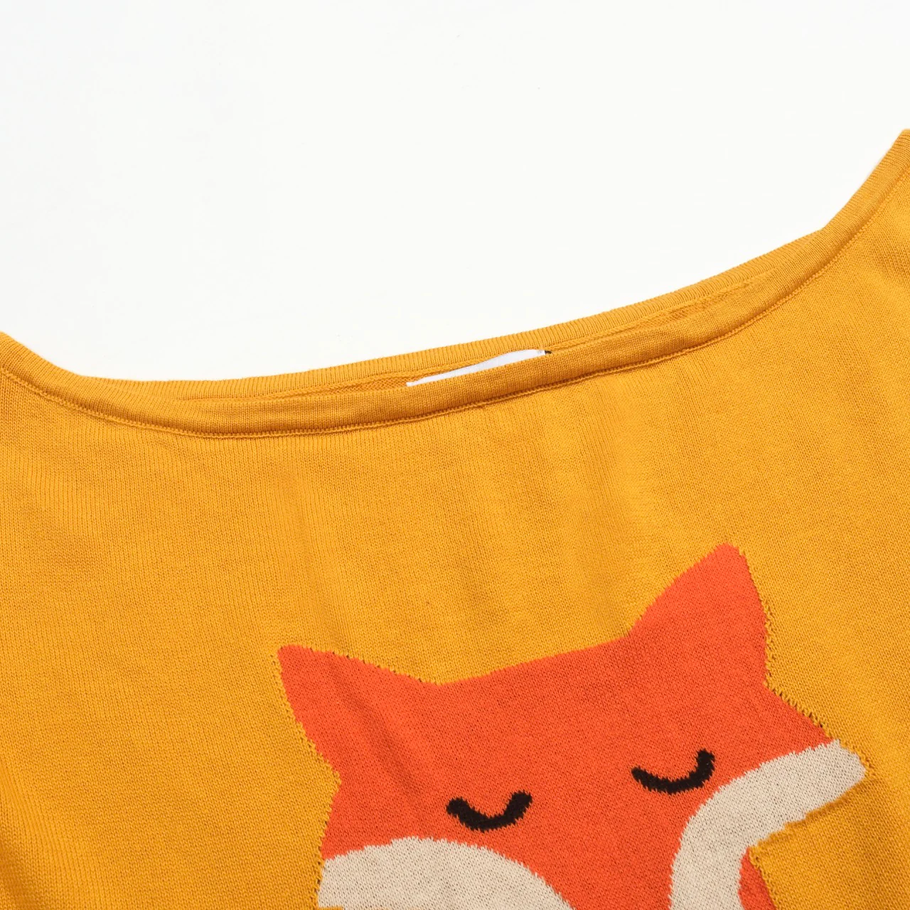 Women's fox jacquard knit diagonal shoulder knit T-shirt - short version size - Image 3