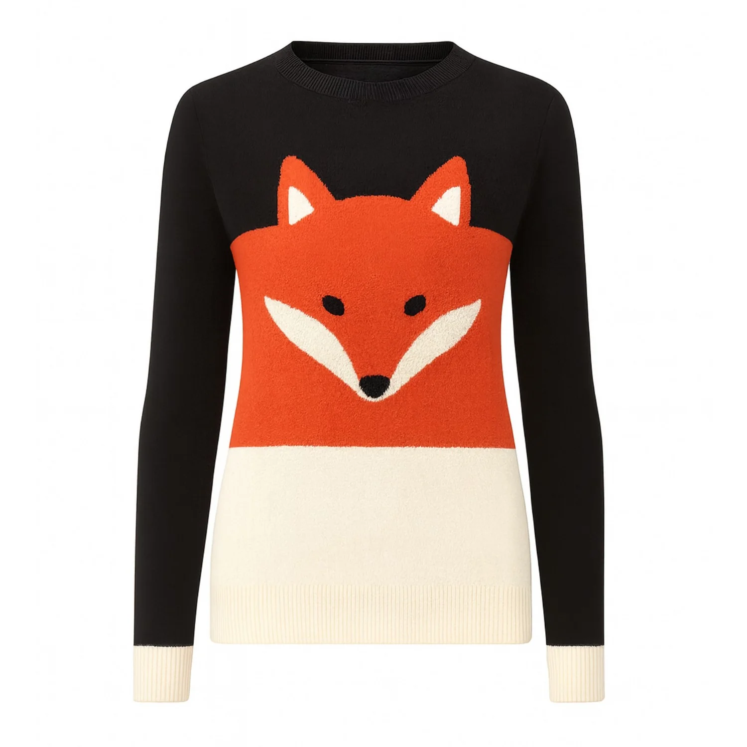 Women's fox pattern color-blocked retro knitwear