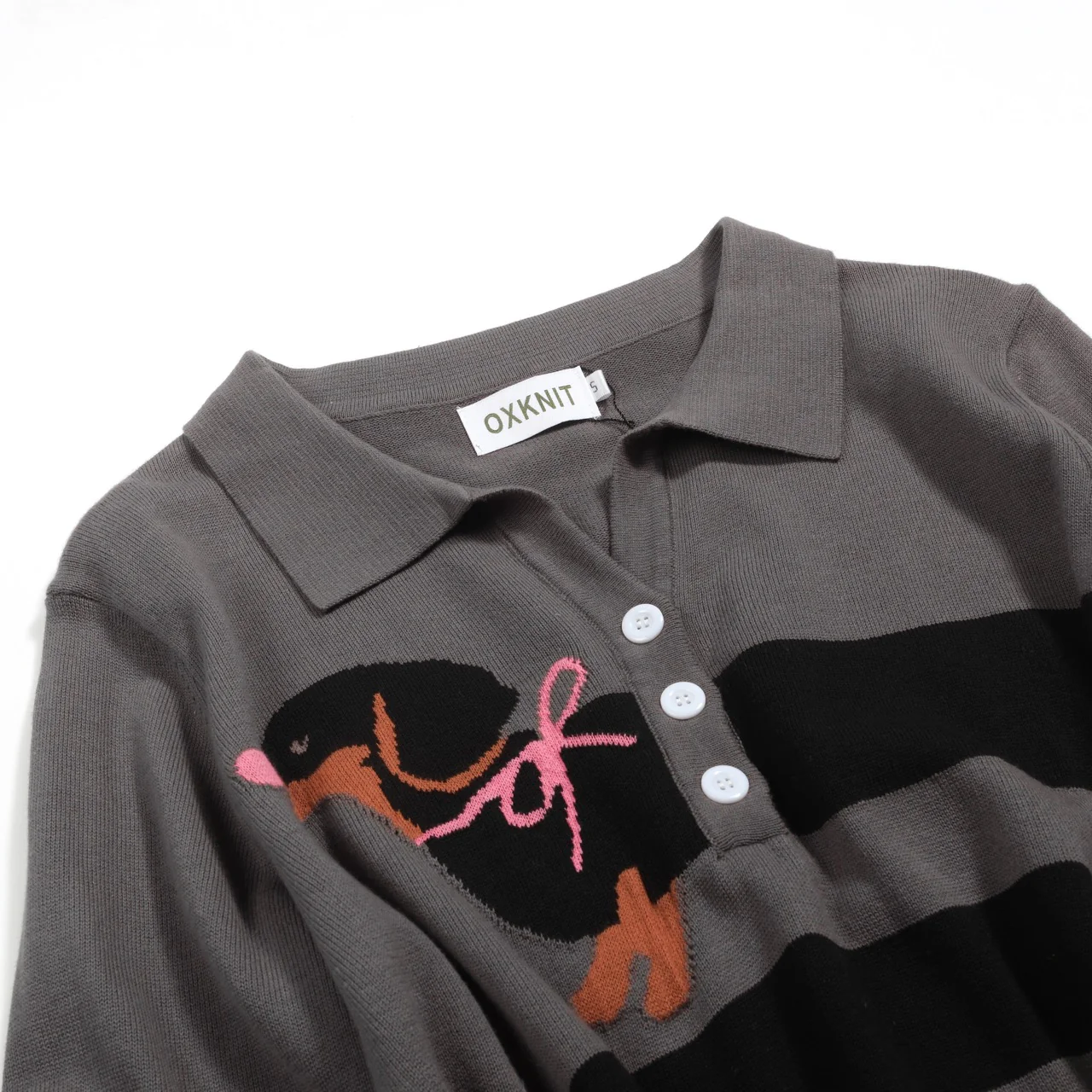 Women's gray dachshund jacquard V-neck knitwear - Image 9