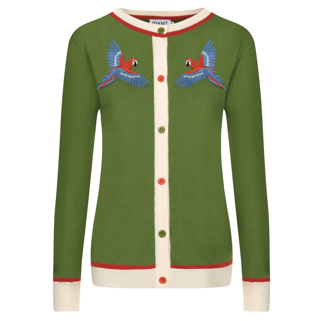 Women's green bird embroidered knitted cardigan