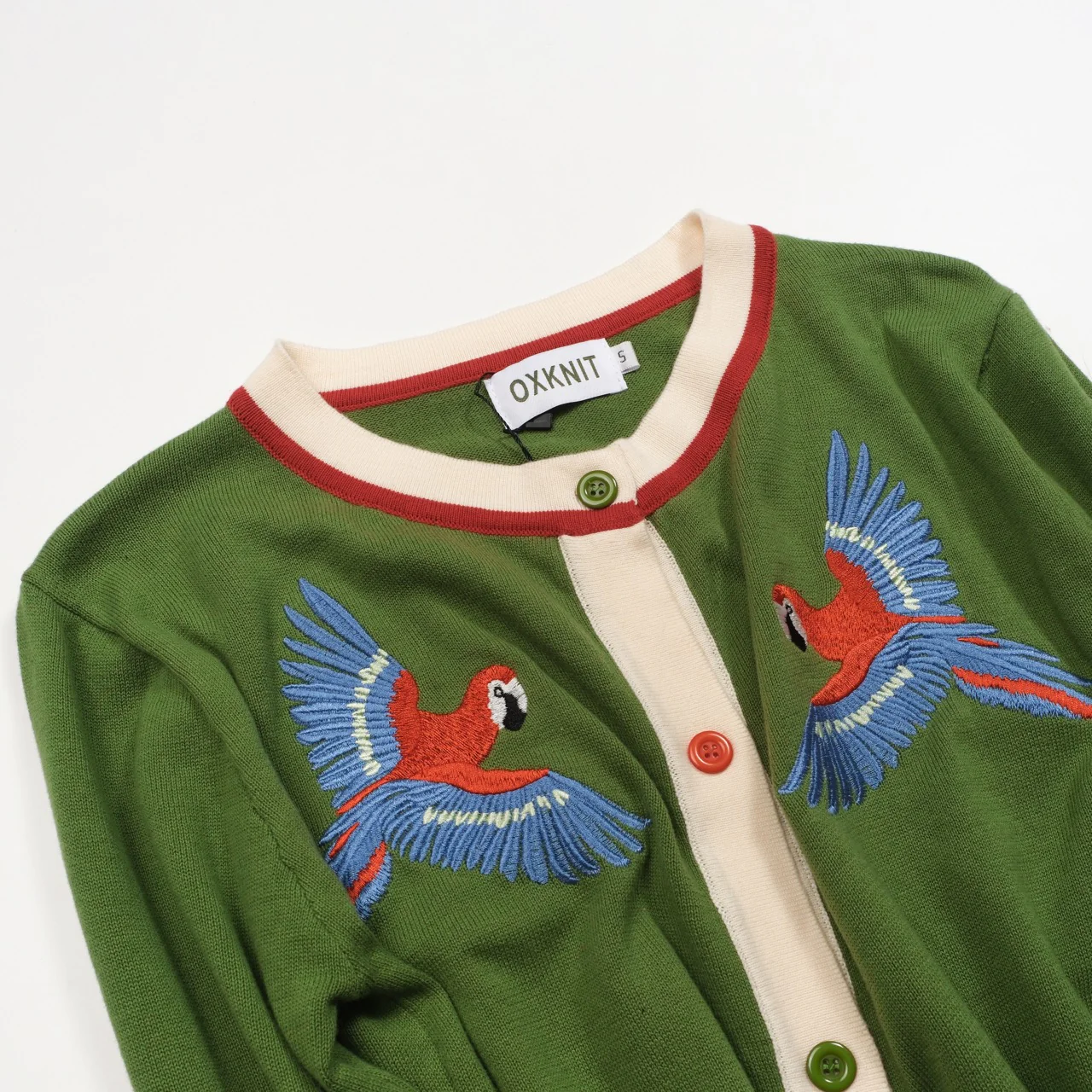 Women's green bird embroidered knitted cardigan - Image 10