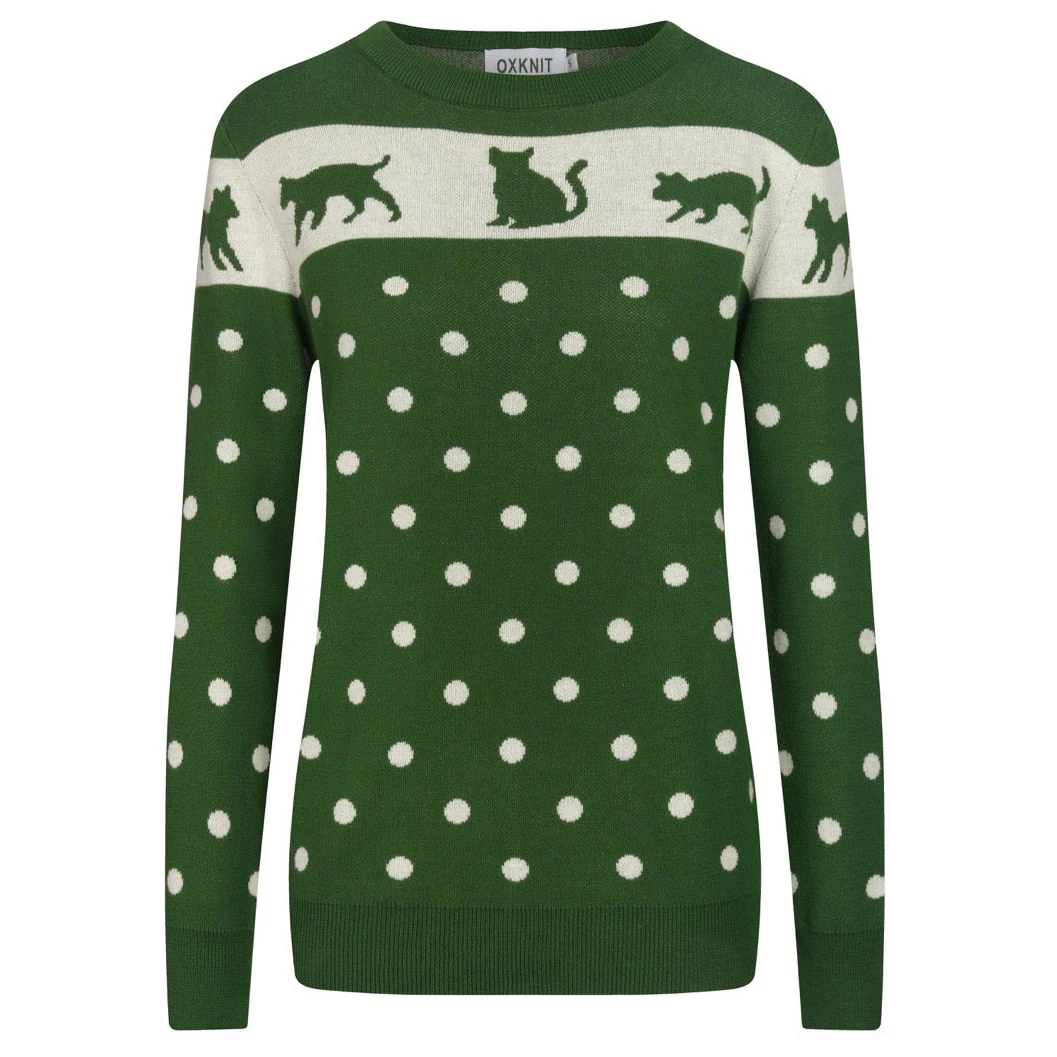 Women's Green Cat Ancient Tune Art Round Neck Knitwear