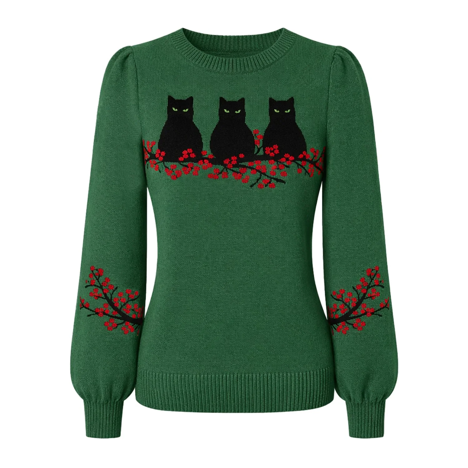 Women's green cat jacquard puffed sleeves Knitwear