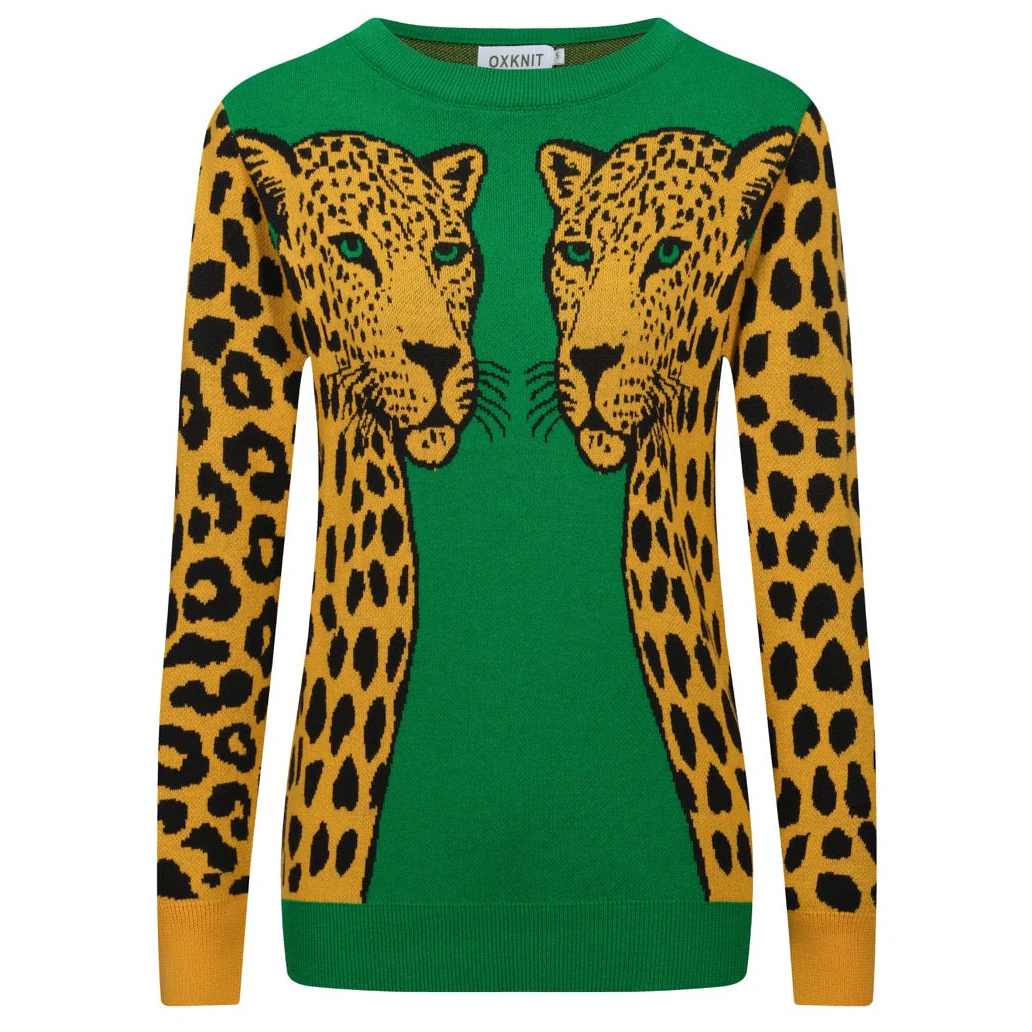 Women's green cheetah jacquard vintage knitwear