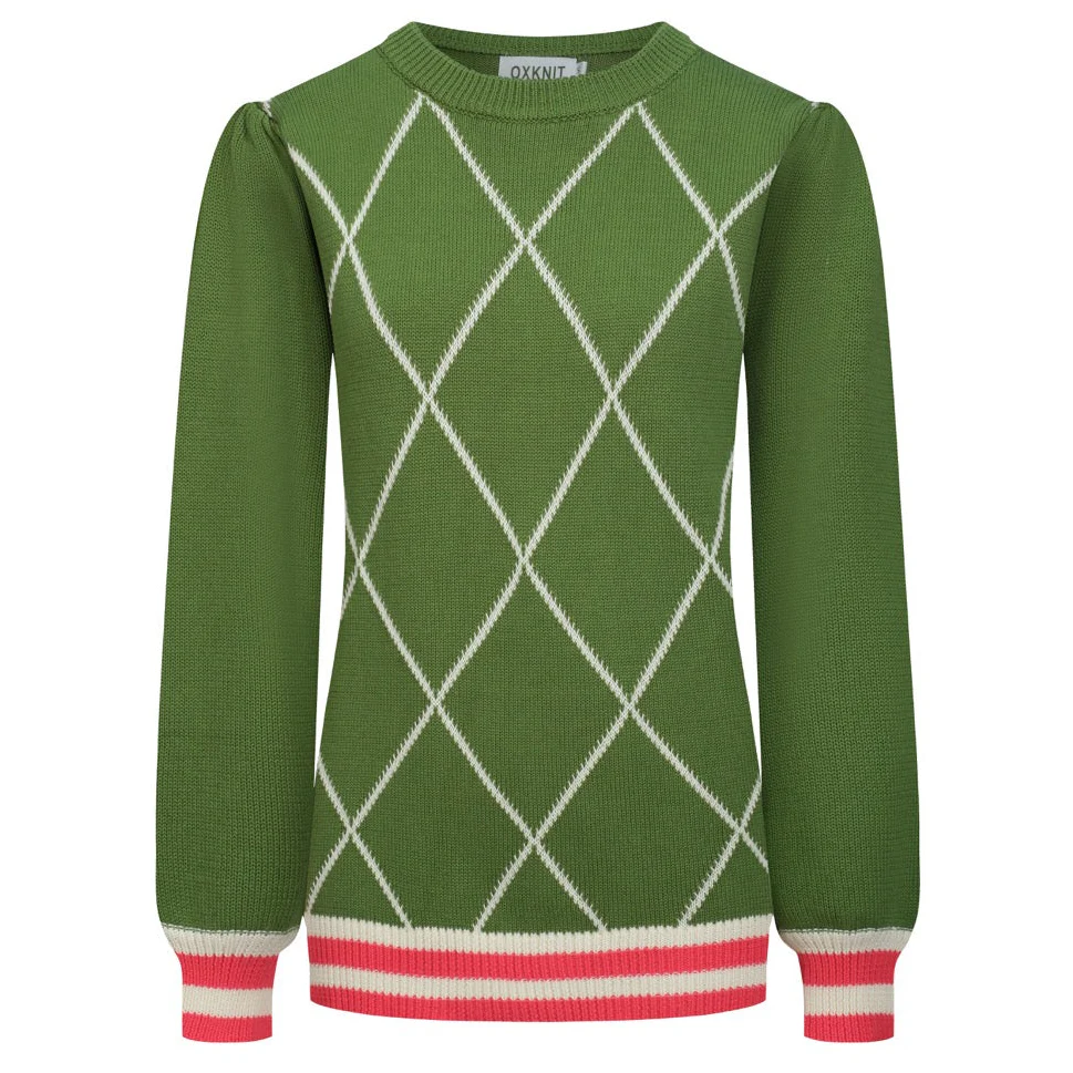 Women's green diamond lattice bubble sleeve knitwear