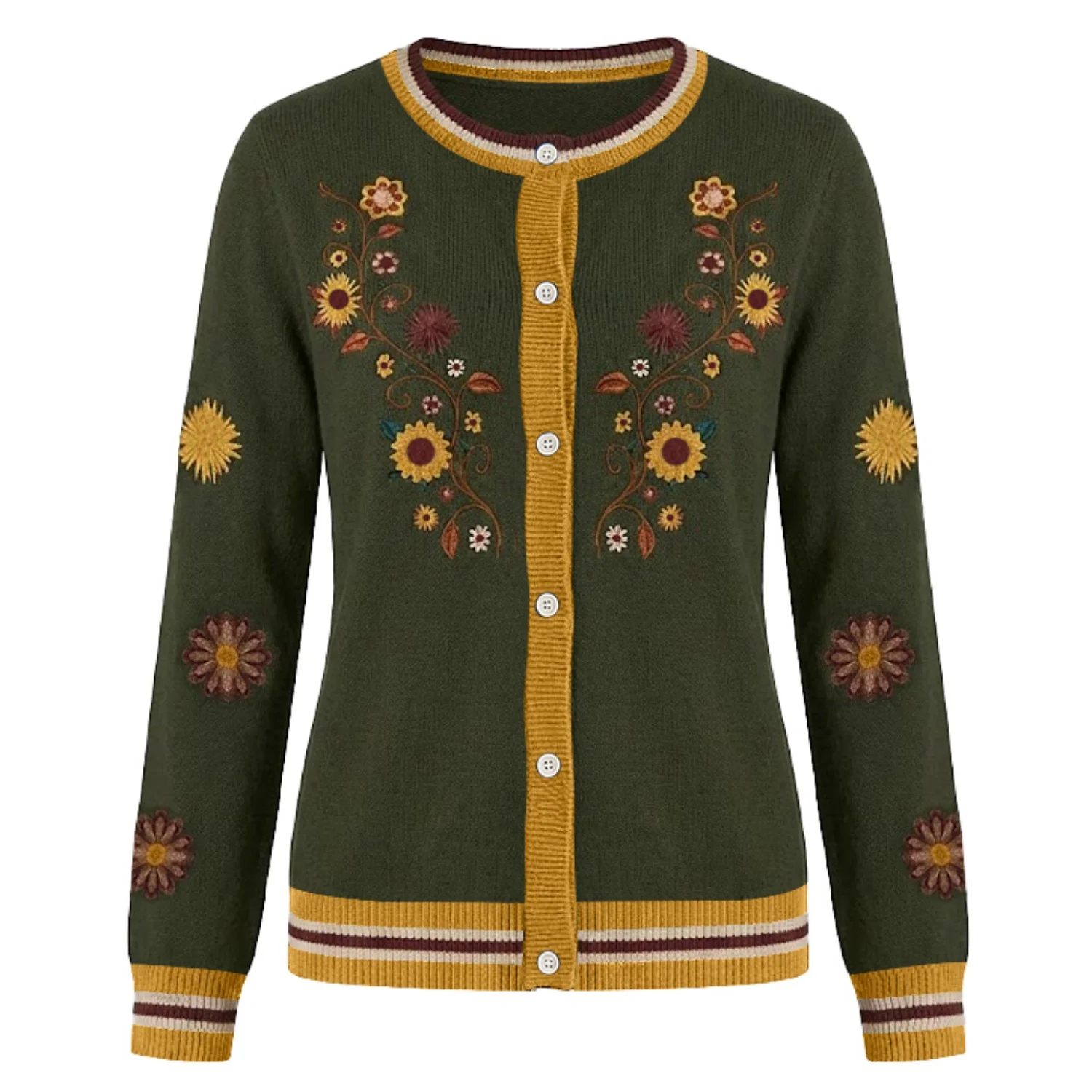 Women's Green Embroidered Flower Classic Knit Cardigan