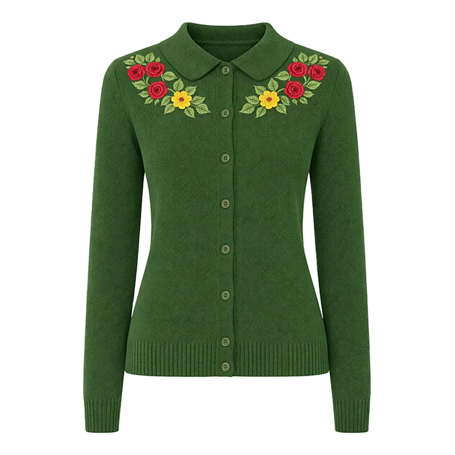 Women's Green Floral Embroidered Vintage Cardigan