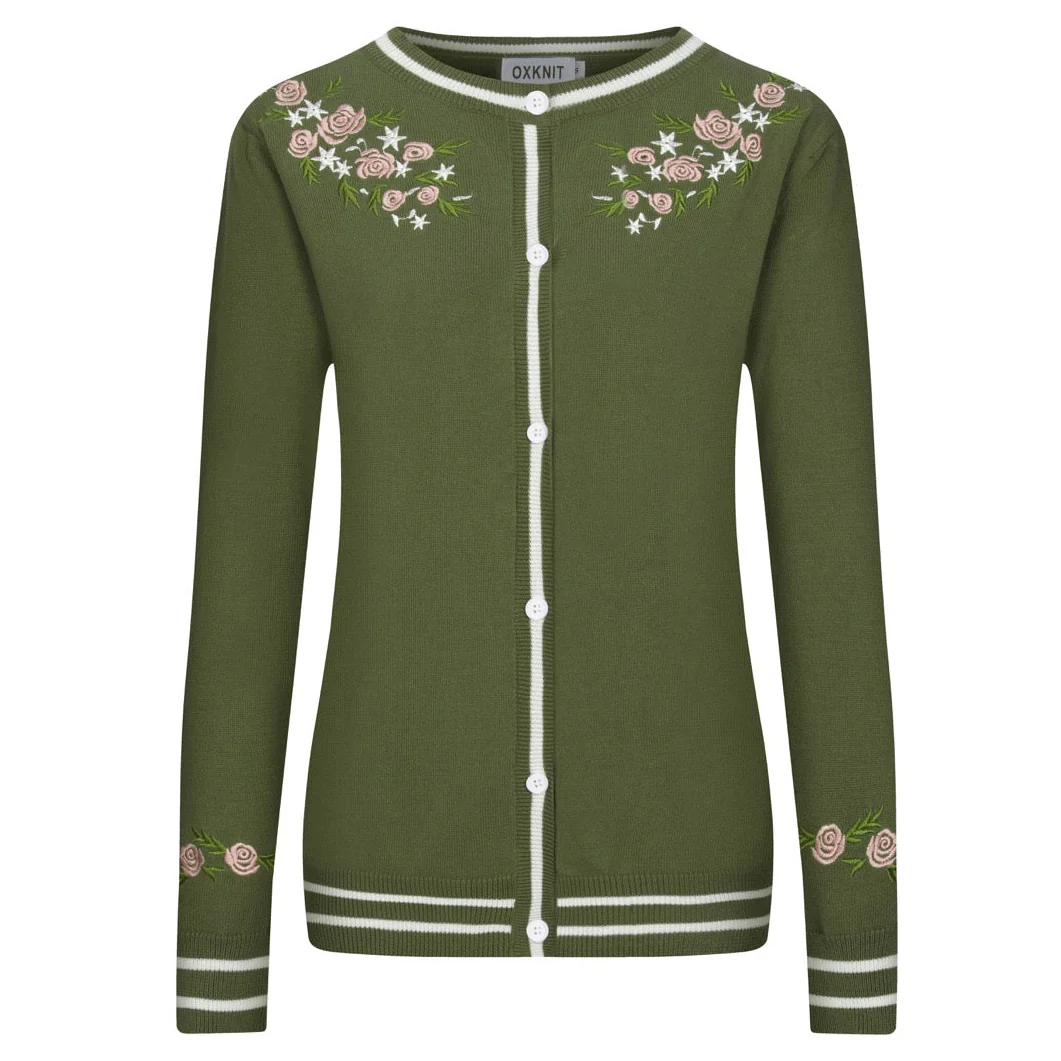 Women's green floral embroidered vintage knitted cardigan